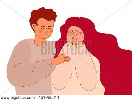 Divorce Concept Vector. Wife Crying, Husband Is Sad. Conflict, Probl Between Husband And Wife. Lover