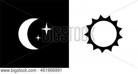 Day And Night Logo. Light Or Dark Theme Or Sleep Wake Rhythm. Moon And Stars, Sun And Clouds In Sky.