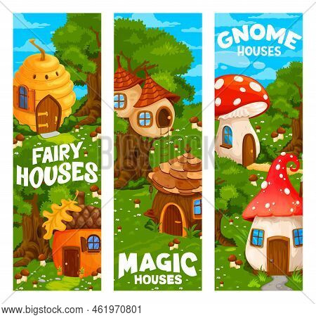 Magic Fairy And Gnome Houses And Dwellings. Vector Banners With Fantasy Buildings Acorn, Amanita Mus