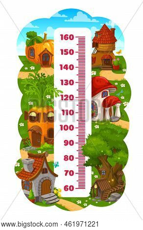 Kids Height Chart Ruler With Cartoon Gnome And Elf Houses. Vector Measure Meter Of Child Growth, Cut
