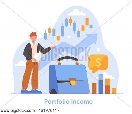 Portfolio Income Concept. Investor Analyzes Graphs And Diagrams. Young Guy Makes Profit With Shares 