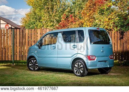 Novosibirsk, Russia - September 16 , 2022: Blue Suzuli Wagon R  Is Parked  On The Street On A Warm A