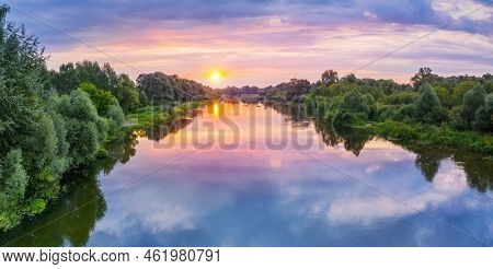 Aerial view on awesome colorful sunrise over The Seym River. Ukraine