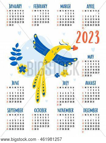 Yearly Calendar For 2023 With Decorative Yellow And Blue Good Luck Bird With Heart And Flowers. Vect
