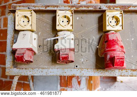 Close Up Shot On Distribution Panel With Industrial Multiphase Power Plugs And Sockets Are Providing
