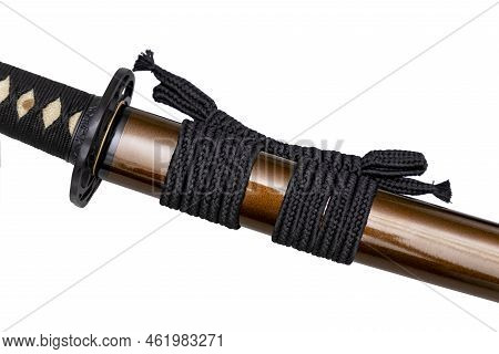 Black Color Sageo - Japanese Sword Sheath Rope Made Of High Quality Silk Isolated On White Backgroun