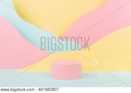 Fashion Style Paper Abstract Stage Mockup With Pink Circle Podium, Pastel Mountain Landscape - Yello