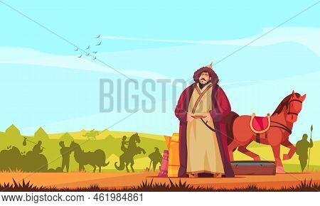 Historical People Cartoon Concept With Mongolian Khan And Horse Vector Illustration