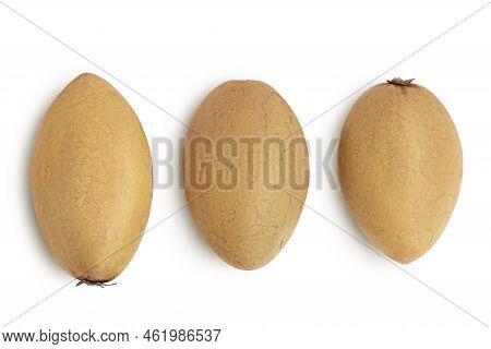 Sapodilla Isolated On White Background With Full Depth Of Field. Top View. Flat Lay