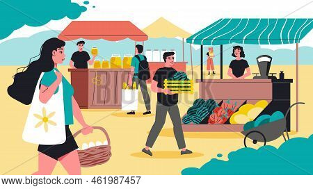 Farmers Marketplace Flat Composition Demonstrated Counters With Cheaply Fresh Fruits And Vegetables 