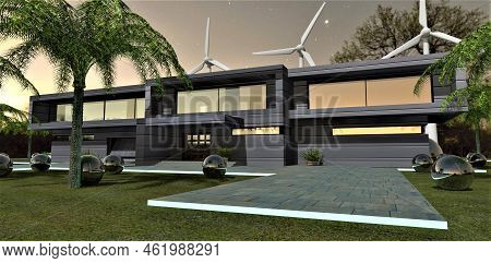 Night View Of The Entrance To The House Designed According To A Futuristic Project. Wind Generators 
