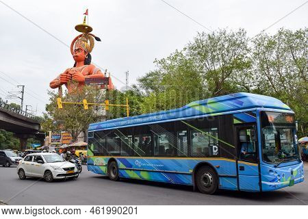 New Delhi, India - June 21, 2022 - Big Statue Of Lord Hanuman Near The Delhi Metro Bridge Situated N