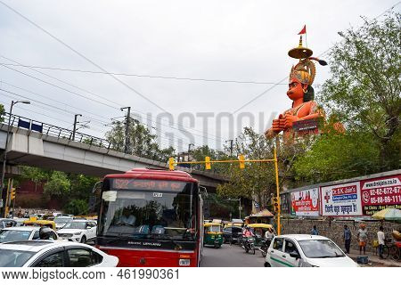 New Delhi, India - June 21, 2022 - Big Statue Of Lord Hanuman Near The Delhi Metro Bridge Situated N