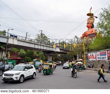 New Delhi, India - June 21, 2022 - Big Statue Of Lord Hanuman Near The Delhi Metro Bridge Situated N