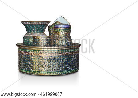 Front View Antique Benjarong Betel Nuts Set In The Benjarong Tray On White Background, Object, Old, 
