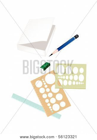 Drawing Equipment With A White Blank Notebook