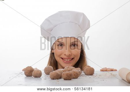 dough balls and woman chef cook
