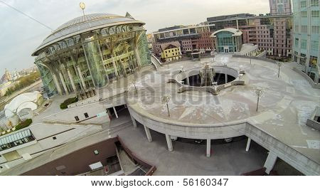 MOSCOW - OCT 11: View from unmanned quadrocopter to construction of fountain near the Moscow International House of Music with treble clef on the roof on October 11, 2013 in Moscow, Russia.