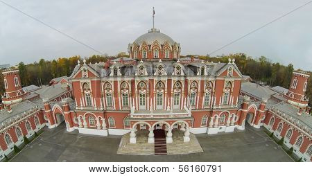 MOSCOW - OCT 10: View from unmanned quadrocopter on beautiful building of Petroff Palace and empty area in backyard on October 10, 2013 in Moscow, Russia.