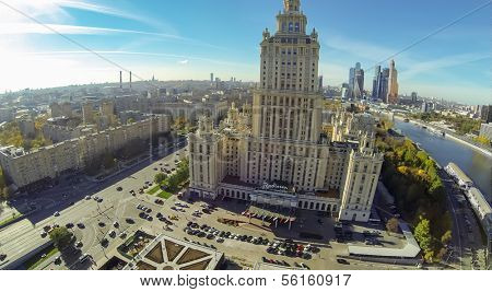 MOSCOW - OCT 12: Tall beautiful building of Radisson Royal Hotel (unmanned drone view) on October 12, 2013 in Moscow, Russia.