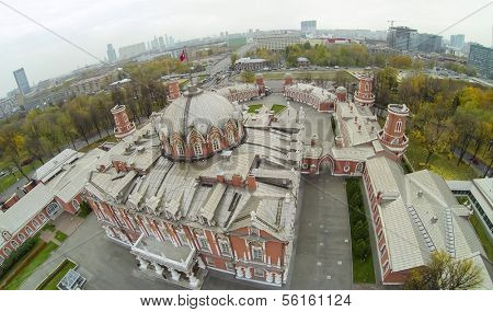 MOSCOW - OCT 10: Cityscape from unmanned quadrocopter with beautiful facade of Petroff Palace on October 10, 2013 in Moscow, Russia.