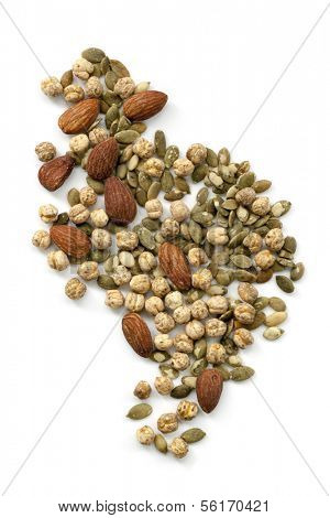 Pepitas, roasted chickpeas and smoked almonds, scattered over white background.