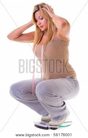 Large Woman On Scale Worried With Her Weight Isolated