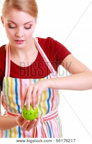 Housewife Or Chef In Kitchen Apron Using Apple Timer Isolated
