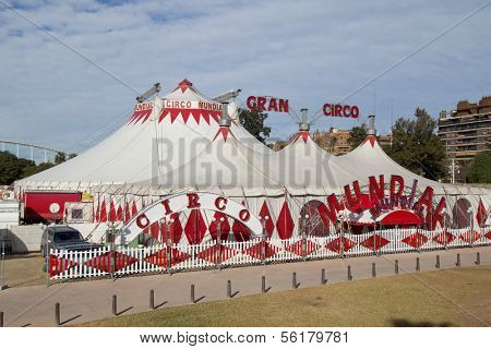 VALENCIA, SPAIN - DEC 27: The circus tents of the Gran Circo Mundial in Valencia, Spain on December 27, 2013. The Gran Ciro is in Valencia from December 13, 2013 until January 12, 2014.