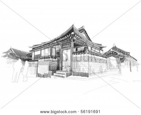Vector Sketching of Korean Traditional House, Hanok.