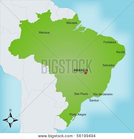 A stylized map of Brazil showing different cities and nearby countries.