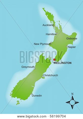 A stylized map of New Zealand showing different cities.