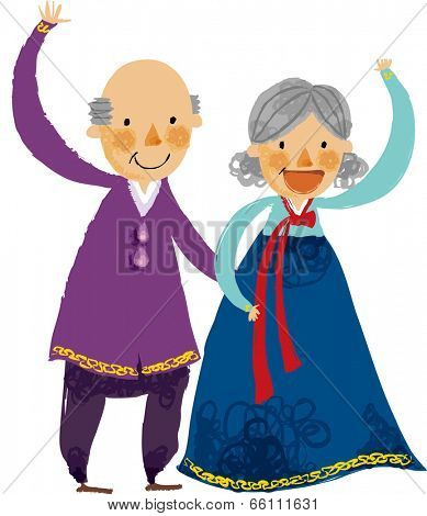 The view of old couple are waving a hand 