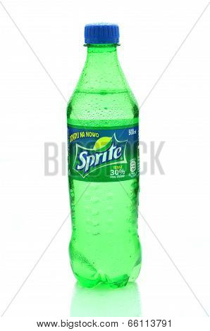 Bottle of Sprite drink on ice cubes