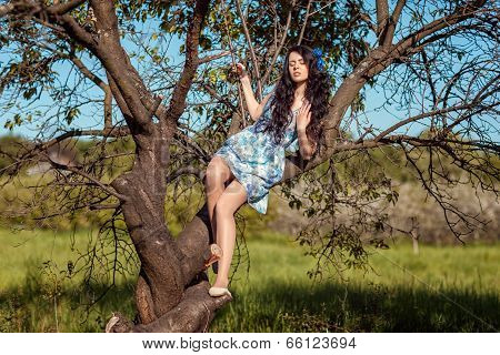 Beautiful Girl Sitting On A Tree.