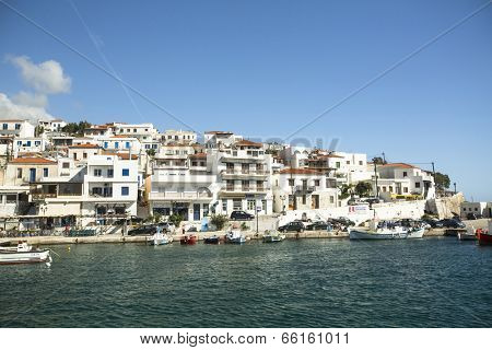 ANDROS, GREECE - APR 28, 2014: Marina of Andros, is the northernmost island of the Greek Cyclades archipelago in the Aegean Sea - area is 380 km2, 40 km long, and its greatest breadth is 16 km.