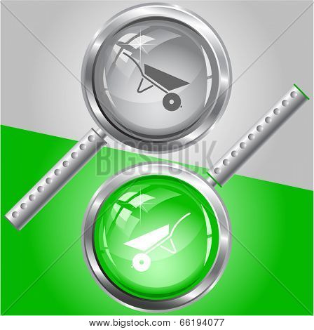 Wheelbarrow. Vector magnifying glass.
