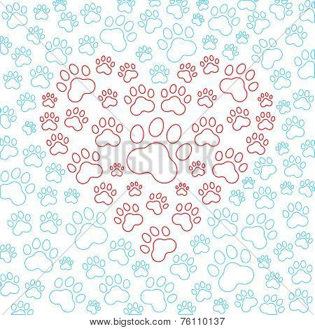 Heart with dog or cat paws background. Vector