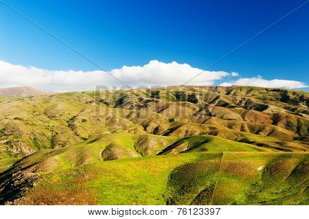 Beautiful green rolling hills of Southern New Zealand at dusk, Lindis Pass, Otago Region