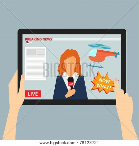 Vector illustration concept of hands holding modern digital tablet and pointing on a screen