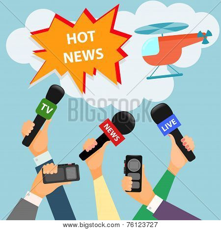 conceptual illustration on the theme of breaking news with the helicopter and hands