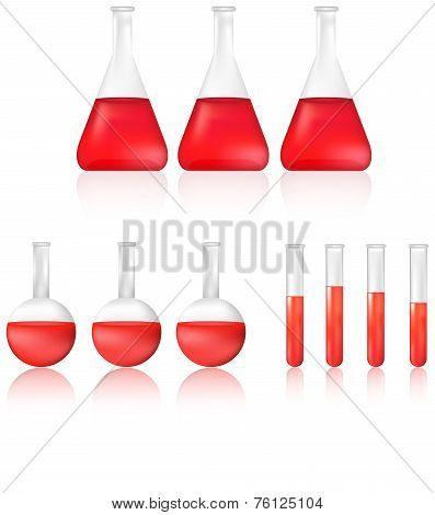Science Test Tube And Beaker With Red Chemical Liquid Icon Set