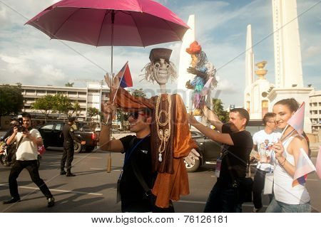 Actors Holding Puppets In Harmony World Puppet Carnival In Bangkok,Thailand 2014 Parade.