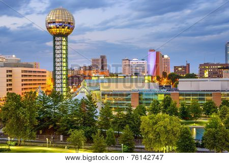 Knoxville, Tennessee, USA city skyline at World's fair Park.