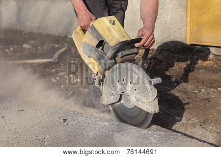 Construction Site, Worker Cut Asphalt With Saw Blade Toll