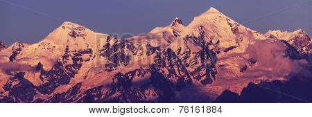 main Caucasian ridge at sunset.Tetnuld and Gestola peaks,Georgia