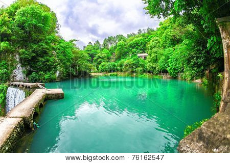 Old dam on the lake in hydroelectric power