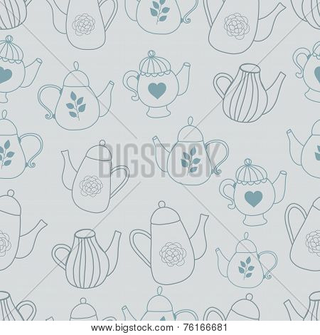 Teapot seamles pattern hand drawn styl with triangles backdrop. Graphic colorful pastel color flower