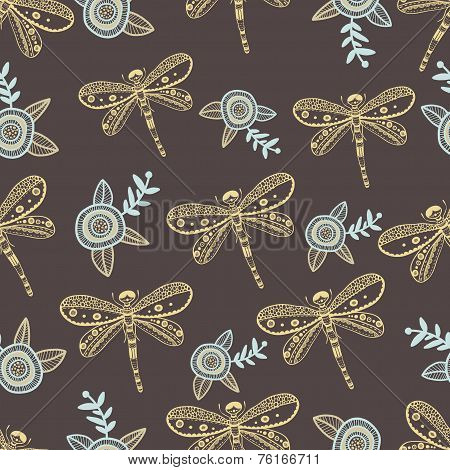 Vector dragonfly and flowers nature seamless pattern. Hand drawing colorful illustration
