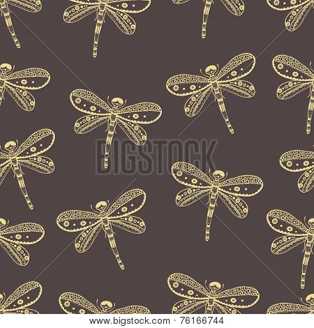 Dragonfly seamless nature pattern. Hand drawn style design
